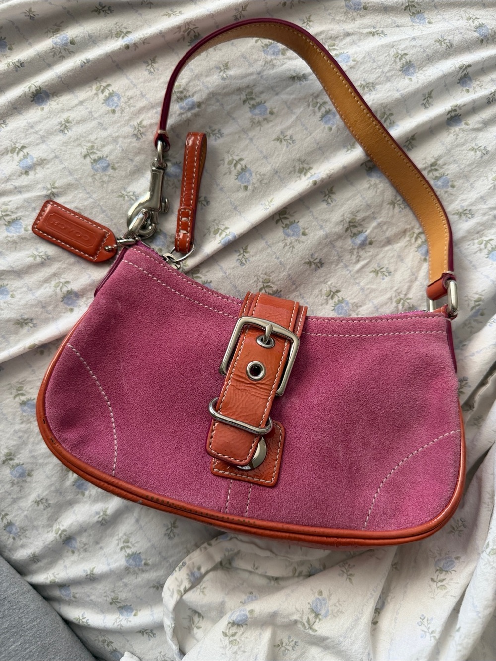 Coach Pink Suede Shoulder Bag with Tan Leather Accents